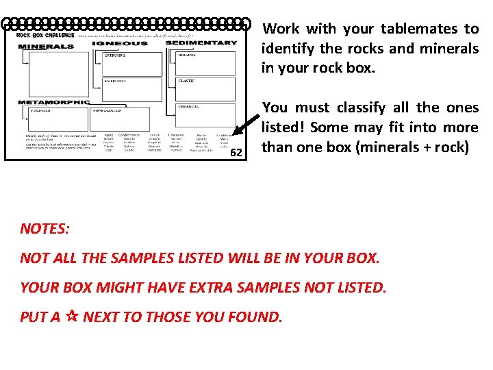 Work with your tablemates to identify the rocks and minerals in your rock box.