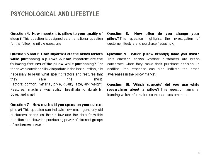 PSYCHOLOGICAL AND LIFESTYLE Question 4. How important is pillow to your quality of Question