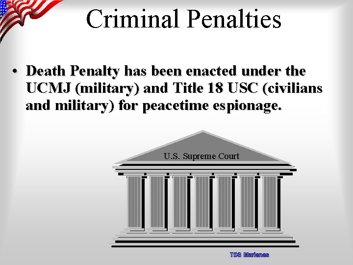 Criminal Penalties • Death Penalty has been enacted under the UCMJ (military) and Title
