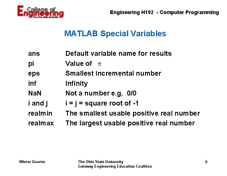 Engineering H 192 - Computer Programming MATLAB Special Variables ans pi eps inf Na. Engineering H 192 - Computer Programming MATLAB Special Variables ans pi eps inf Na.