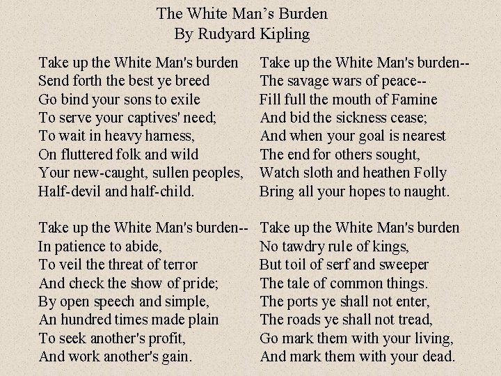 The White Man’s Burden By Rudyard Kipling Take up the White Man's burden Send