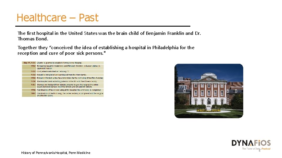 Healthcare – Past The first hospital in the United States was the brain child