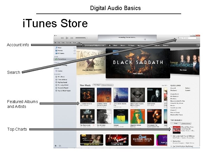 Digital Audio Basics i. Tunes Store Account info Search Featured Albums and Artists Top