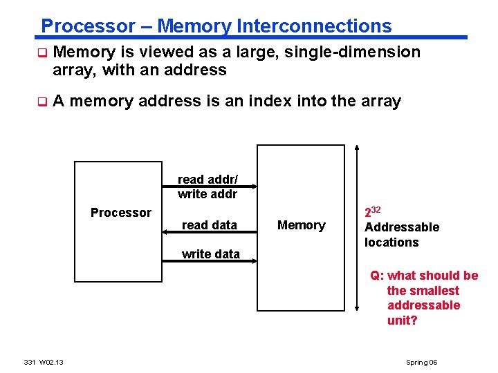 Processor – Memory Interconnections q Memory is viewed as a large, single-dimension array, with