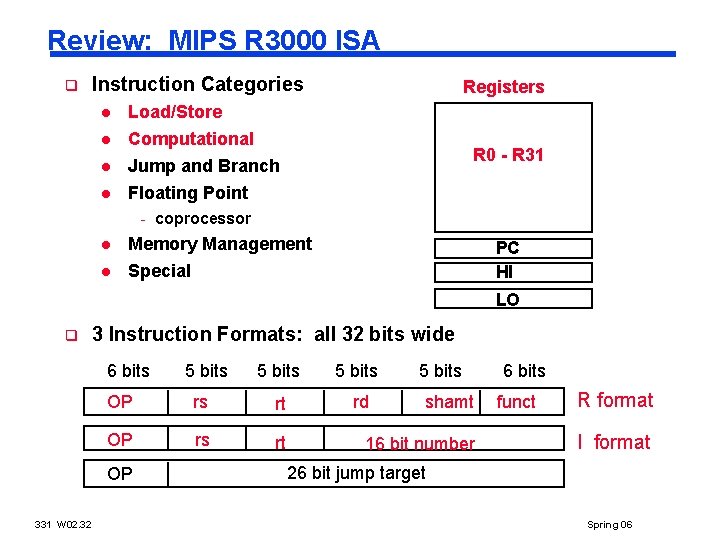 Review: MIPS R 3000 ISA q Instruction Categories l Load/Store l Computational Jump and