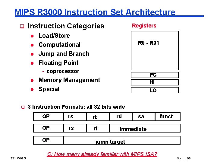 MIPS R 3000 Instruction Set Architecture q Instruction Categories l Load/Store Computational Jump and MIPS R 3000 Instruction Set Architecture q Instruction Categories l Load/Store Computational Jump and
