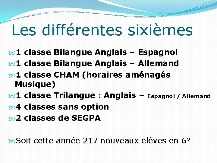 Les différentes sixièmes 1 classe Bilangue Anglais – Espagnol 1 classe Bilangue Anglais –