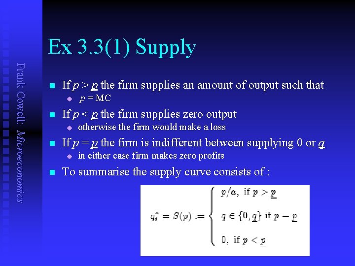 Ex 3. 3(1) Supply Frank Cowell: Microeconomics n If p > p the firm