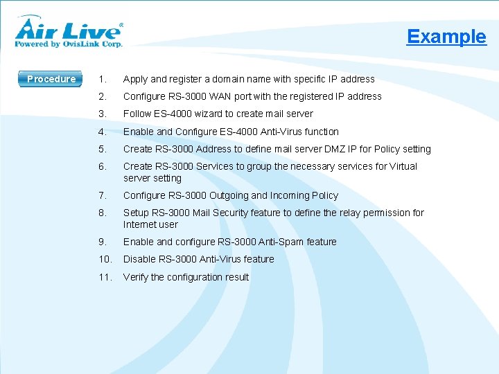 Example Procedure 1. Apply and register a domain name with specific IP address 2.