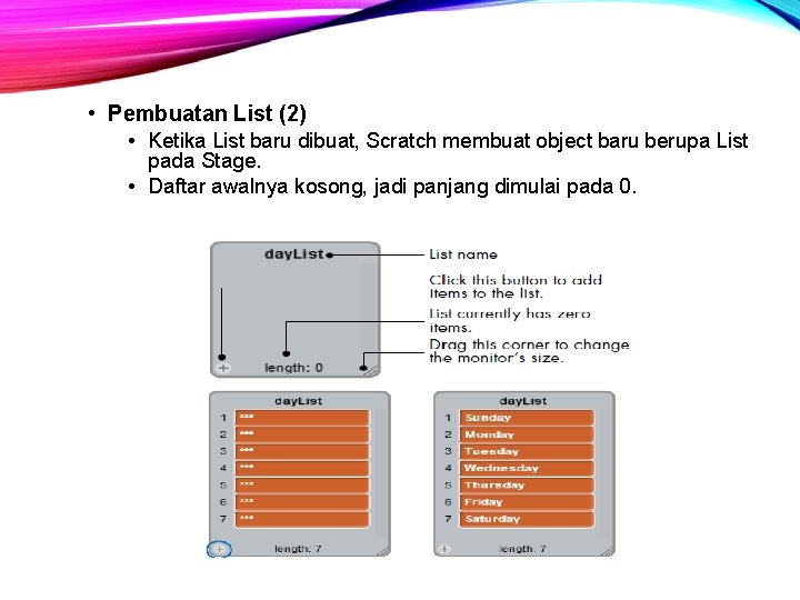  • Pembuatan List (2) • Ketika List baru dibuat, Scratch membuat object baru