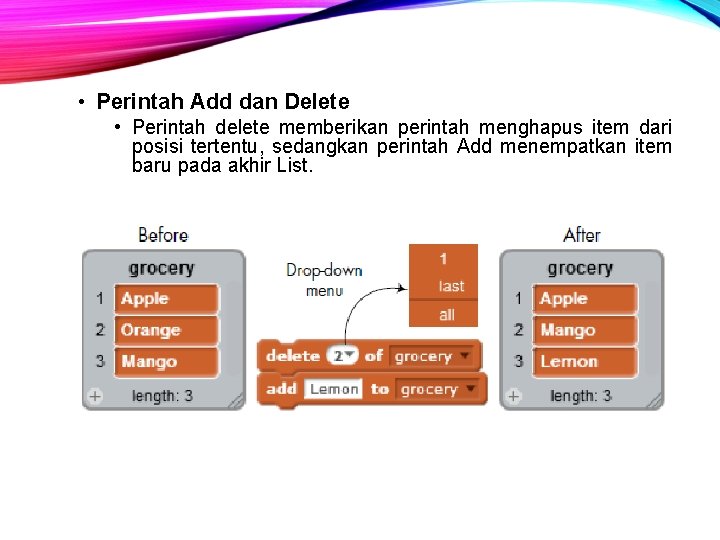  • Perintah Add dan Delete • Perintah delete memberikan perintah menghapus item dari