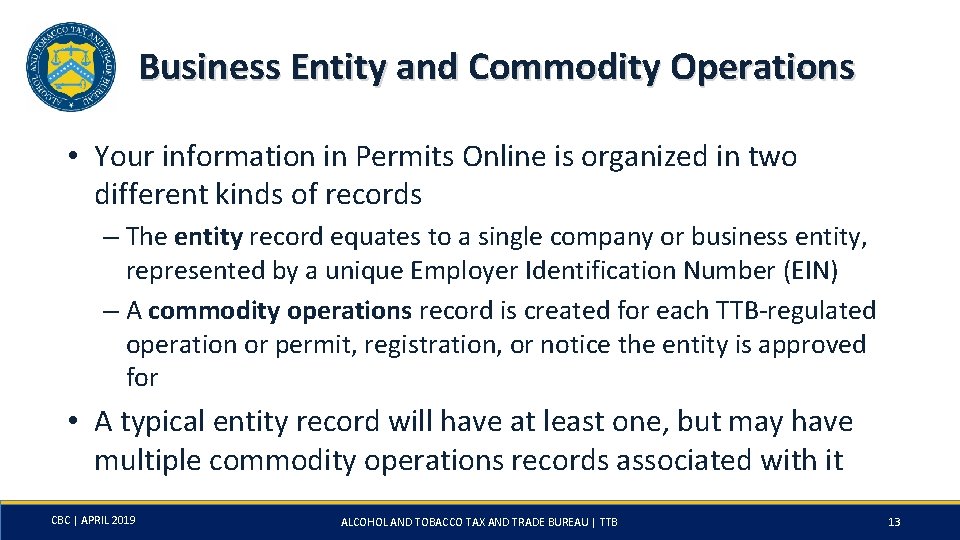 Business Entity and Commodity Operations • Your information in Permits Online is organized in