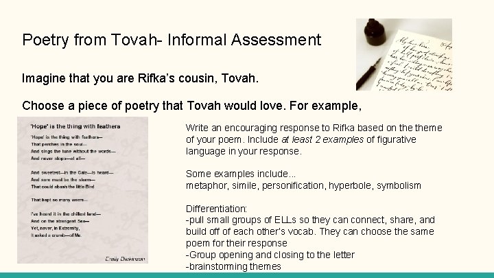 Poetry from Tovah- Informal Assessment Imagine that you are Rifka’s cousin, Tovah. Choose a