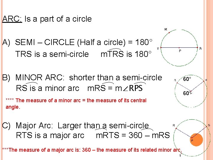 ARC: Is a part of a circle A) SEMI – CIRCLE (Half a circle)