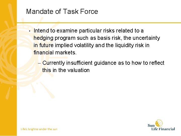 Mandate of Task Force • Intend to examine particular risks related to a hedging