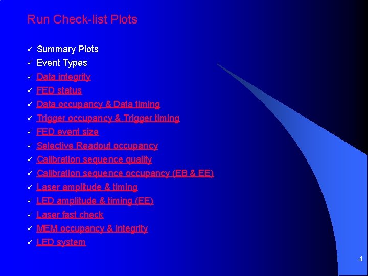 Run Check-list Plots ü Summary Plots ü Event Types ü Data integrity ü FED