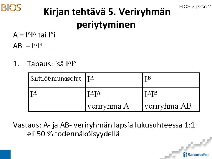 Kirjan tehtävä 5. Veriryhmän periytyminen BIOS 2 jakso 2 A = IAIA tai IAi