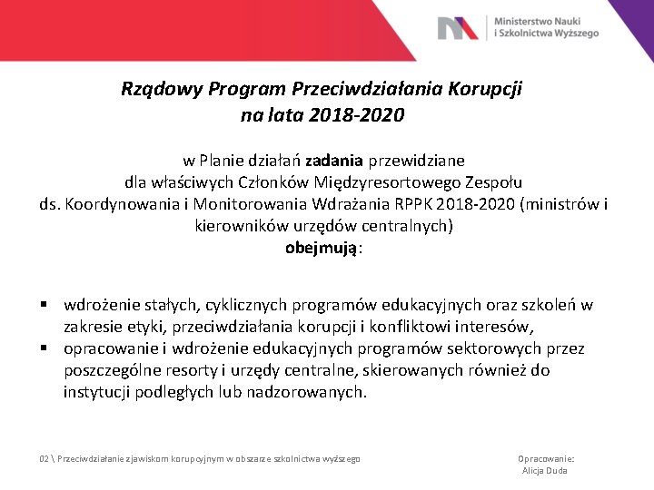 Rządowy Program Przeciwdziałania Korupcji na lata 2018 -2020 w Planie działań zadania przewidziane dla