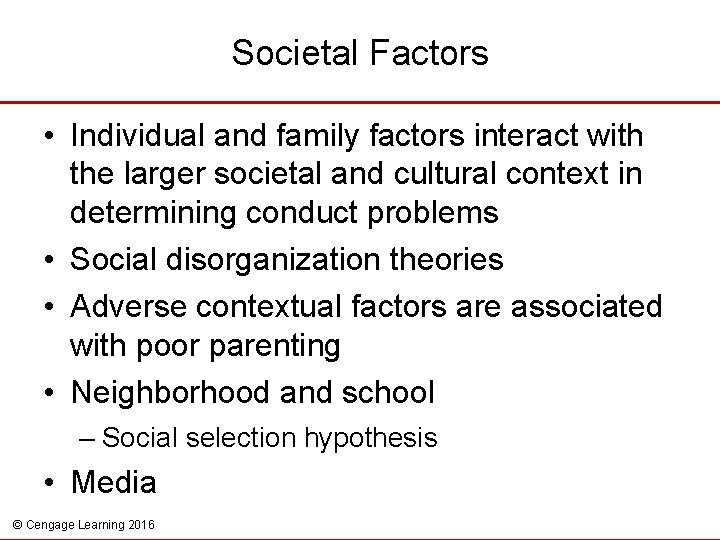 Societal Factors • Individual and family factors interact with the larger societal and cultural