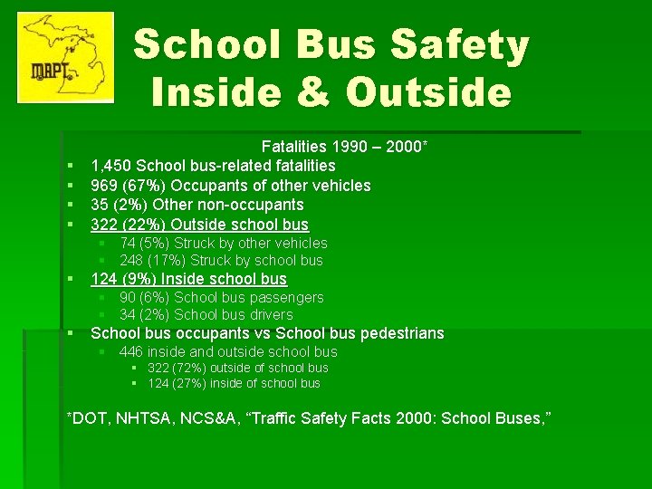 School Bus Safety Inside & Outside § § Fatalities 1990 – 2000* 1, 450