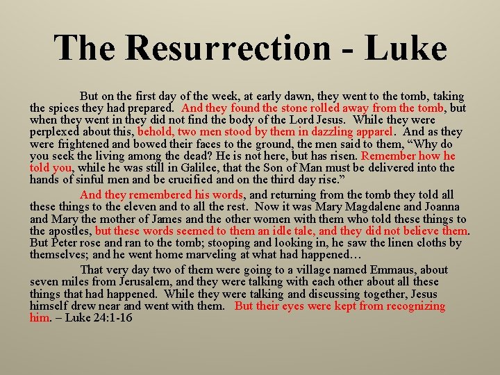 The Resurrection - Luke But on the first day of the week, at early