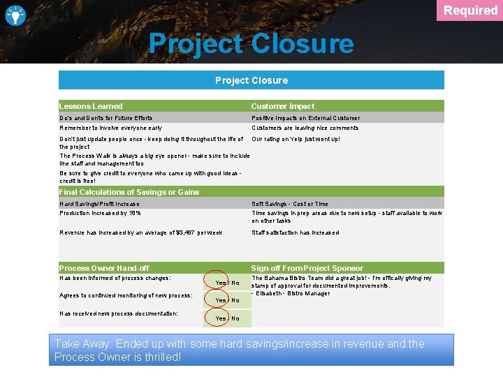 Required Project Closure Lessons Learned Do's and Don'ts for Future Efforts Customer Impact Positive