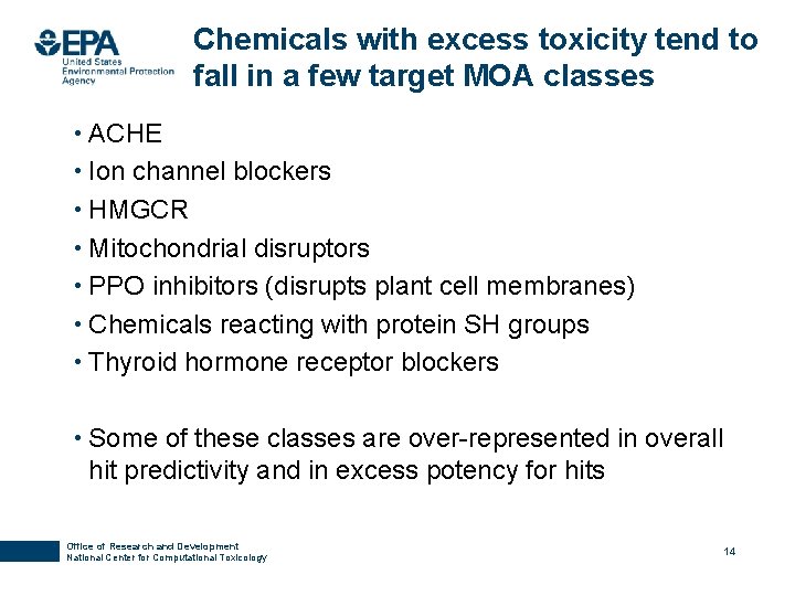 Chemicals with excess toxicity tend to fall in a few target MOA classes •