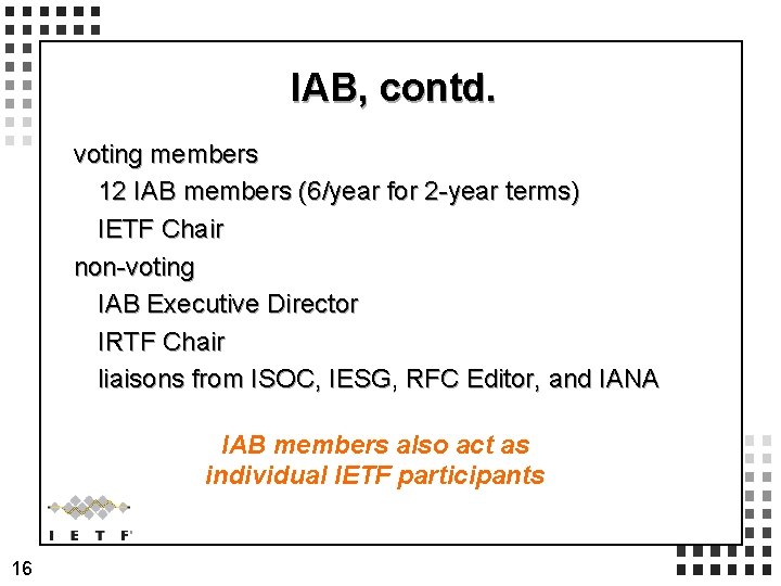 IAB, contd. voting members 12 IAB members (6/year for 2 -year terms) IETF Chair IAB, contd. voting members 12 IAB members (6/year for 2 -year terms) IETF Chair