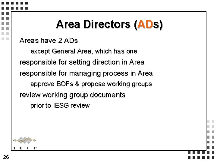 Area Directors (ADs) Areas have 2 ADs except General Area, which has one responsible Area Directors (ADs) Areas have 2 ADs except General Area, which has one responsible