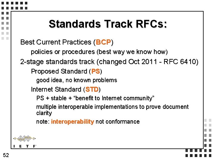 Standards Track RFCs: Best Current Practices (BCP) policies or procedures (best way we know Standards Track RFCs: Best Current Practices (BCP) policies or procedures (best way we know