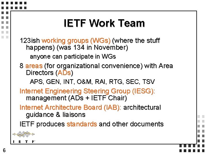 IETF Work Team 123 ish working groups (WGs) (where the stuff happens) (was 134 IETF Work Team 123 ish working groups (WGs) (where the stuff happens) (was 134