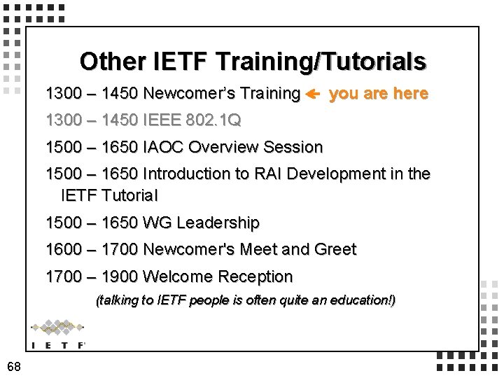 Other IETF Training/Tutorials 1300 – 1450 Newcomer’s Training you are here 1300 – 1450 Other IETF Training/Tutorials 1300 – 1450 Newcomer’s Training you are here 1300 – 1450