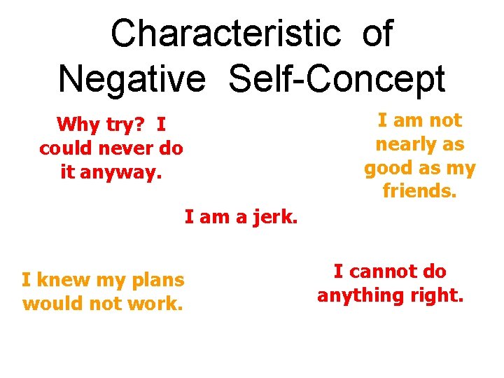 Characteristic of Negative Self-Concept I am not nearly as good as my friends. Why