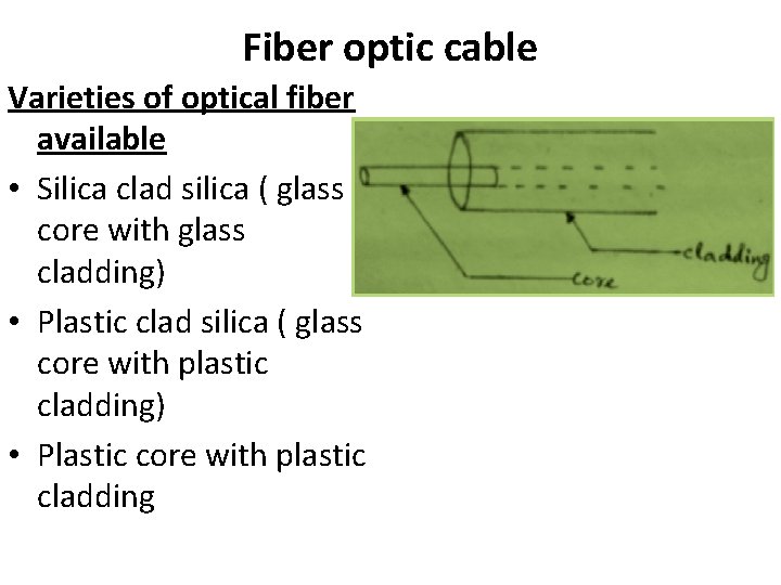 Fiber optic cable Varieties of optical fiber available • Silica clad silica ( glass