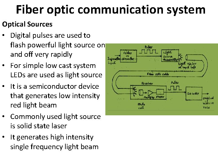 Fiber optic communication system Optical Sources • Digital pulses are used to flash powerful