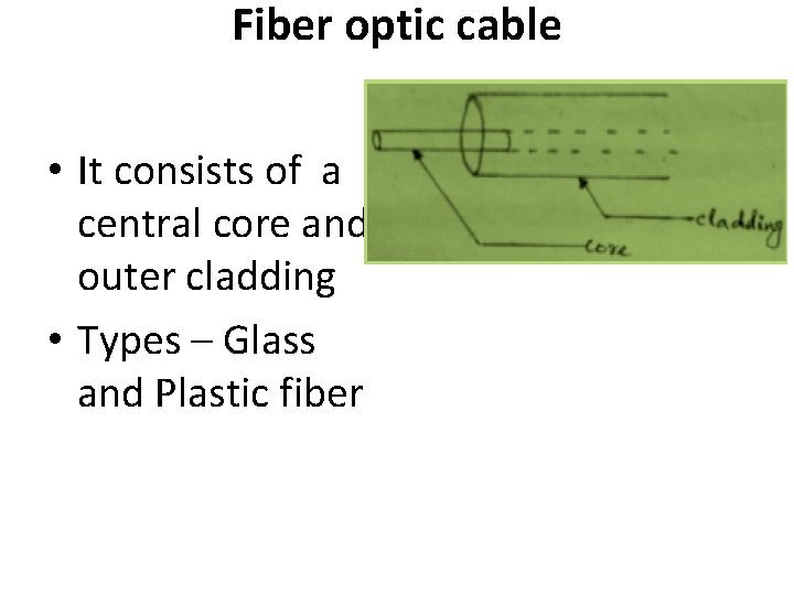 Fiber optic cable • It consists of a central core and outer cladding •