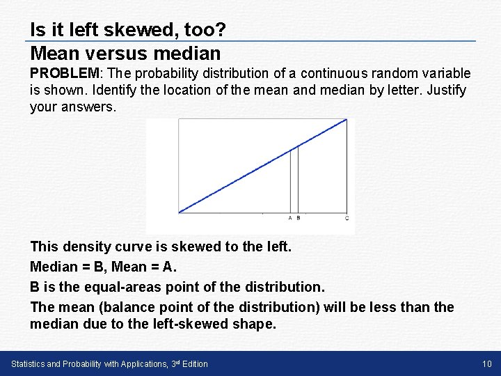 Is it left skewed, too? Mean versus median PROBLEM: The probability distribution of a