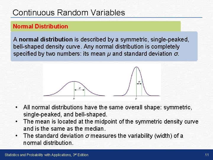Continuous Random Variables Normal Distribution A normal distribution is described by a symmetric, single-peaked,