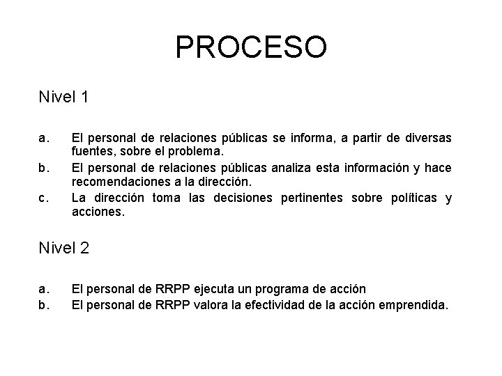 PROCESO Nivel 1 a. b. c. El personal de relaciones públicas se informa, a