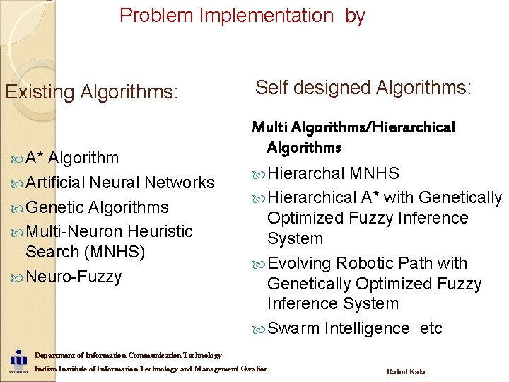 Problem Implementation by Existing Algorithms: A* Algorithm Artificial Neural Networks Genetic Algorithms Multi-Neuron Heuristic