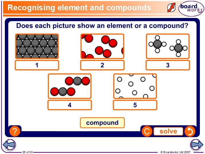 Recognising element and compounds 26 of 33 © Boardworks Ltd 2007 