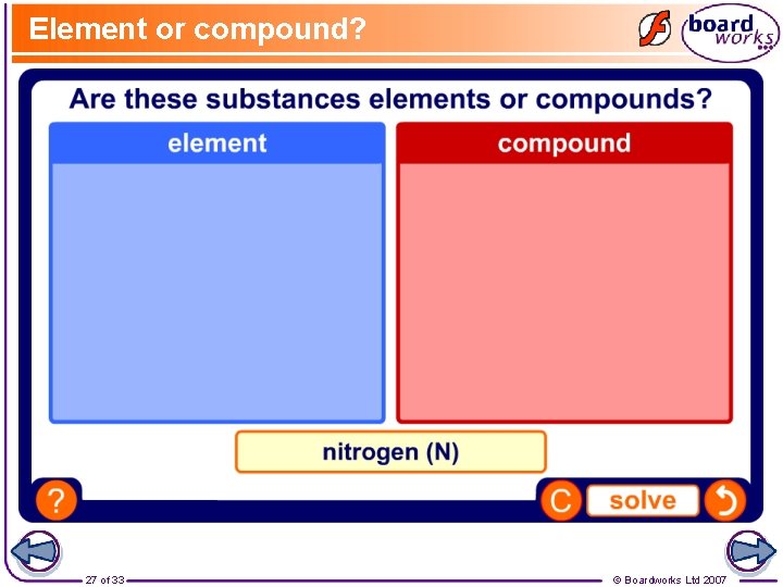Element or compound? 27 of 33 © Boardworks Ltd 2007 