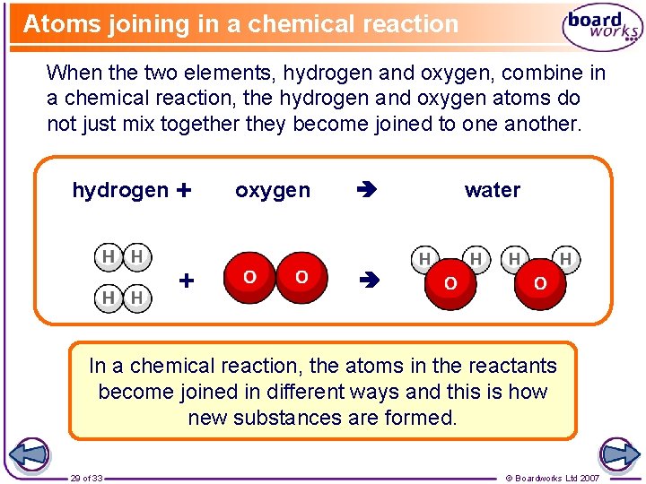 Atoms joining in a chemical reaction When the two elements, hydrogen and oxygen, combine