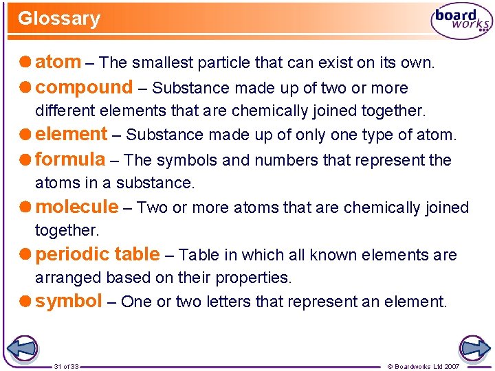 Glossary atom – The smallest particle that can exist on its own. compound –