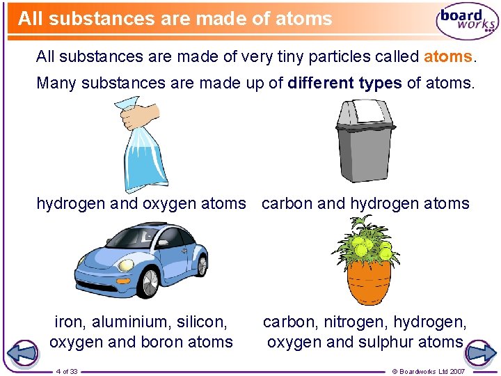 All substances are made of atoms All substances are made of very tiny particles