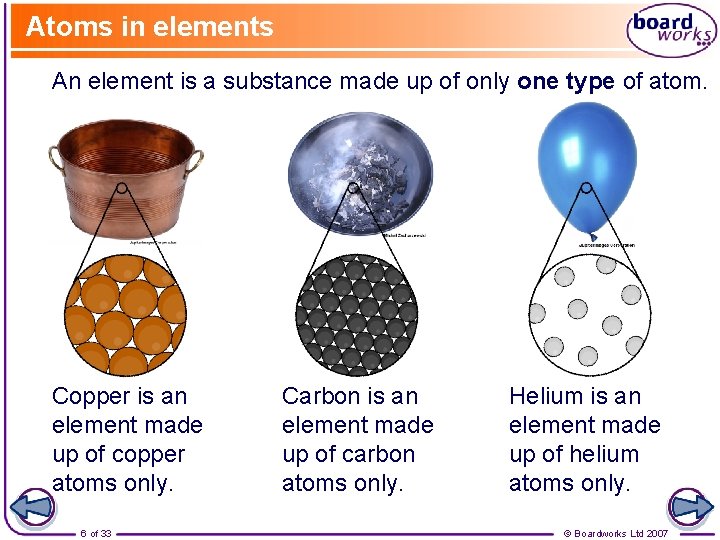 Atoms in elements An element is a substance made up of only one type