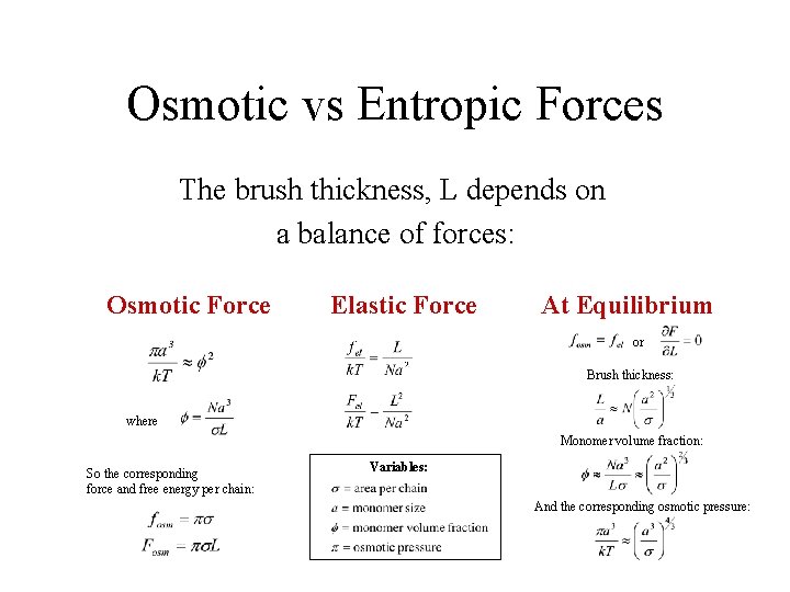 Osmotic vs Entropic Forces The brush thickness, L depends on a balance of forces: