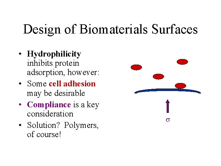 Design of Biomaterials Surfaces • Hydrophilicity inhibits protein adsorption, however: • Some cell adhesion