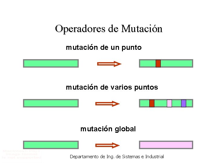 Operadores de Mutación mutación de un punto mutación de varios puntos mutación global Departamento