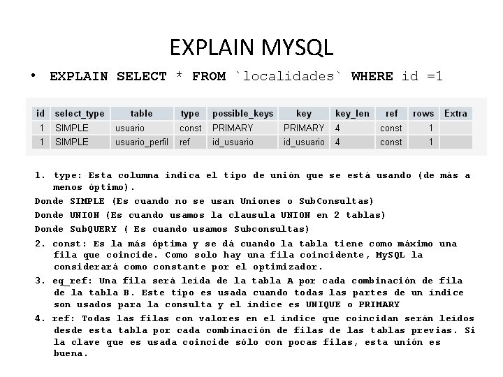 EXPLAIN MYSQL • EXPLAIN SELECT * FROM `localidades` WHERE id =1 1. type: Esta